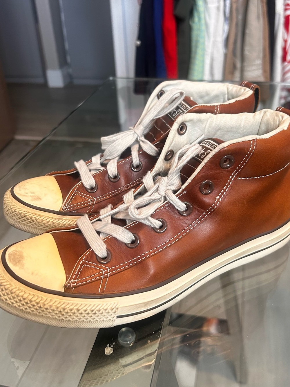 Converse Unisex Brown Leather High Top Sneakers with Cream Accents